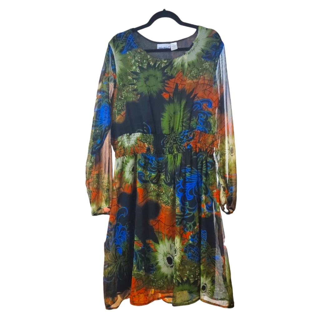 Anthony Richards Midi Floral Dress w/ Sheer Sleeves & Mesh Overlay Plus Size 1X